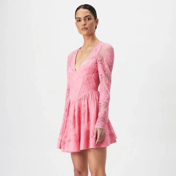 NWT Bardot Ellie Lace Corset Dress Hot Pink Bloom XL Mini Skirt Long Sleeve - Picture 1 of 10
